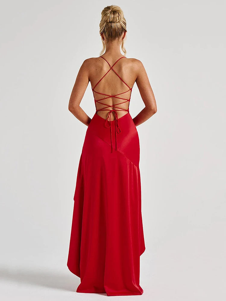 Articat Elegant Spaghetti Strap Satin Split Maxi Dress Women Sexy Backless Bodycon Party Evening Dress Summer Holiday Beachwear