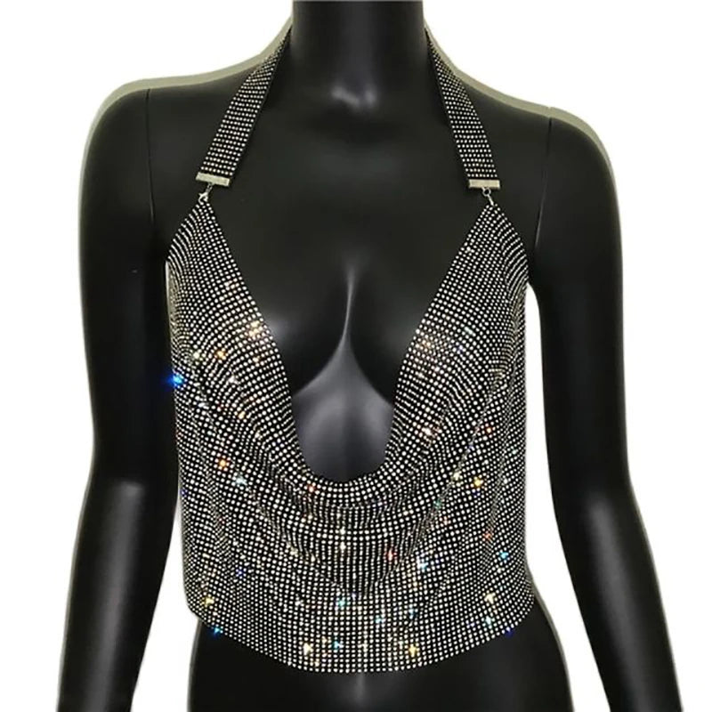 Festival Brilliant Rhinestone Backless Party Crop Top Women 2022 Summer Glitter Evening V Neck Diamonds Metal Tank Tops