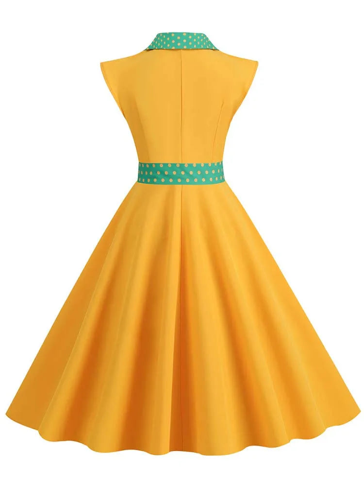 Notched Collar Vintage Solid Party Dresses Women Summer Sleeveless Belted Midi Swing Sundress