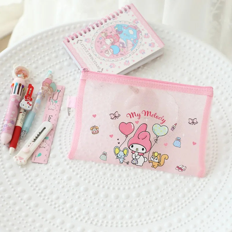 Kawaii Hello Kitty Stationery Bag Cute Cartoon Mesh Storage Bag Transparent Desktop Decoration Student Supplies Gift Wholesale