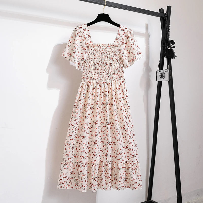 Summer Autumn Fashion Female Short Sleeve Elastic Waist Printed Floral A-line Midi Dress Women Chiffon Dresses Casual Dress