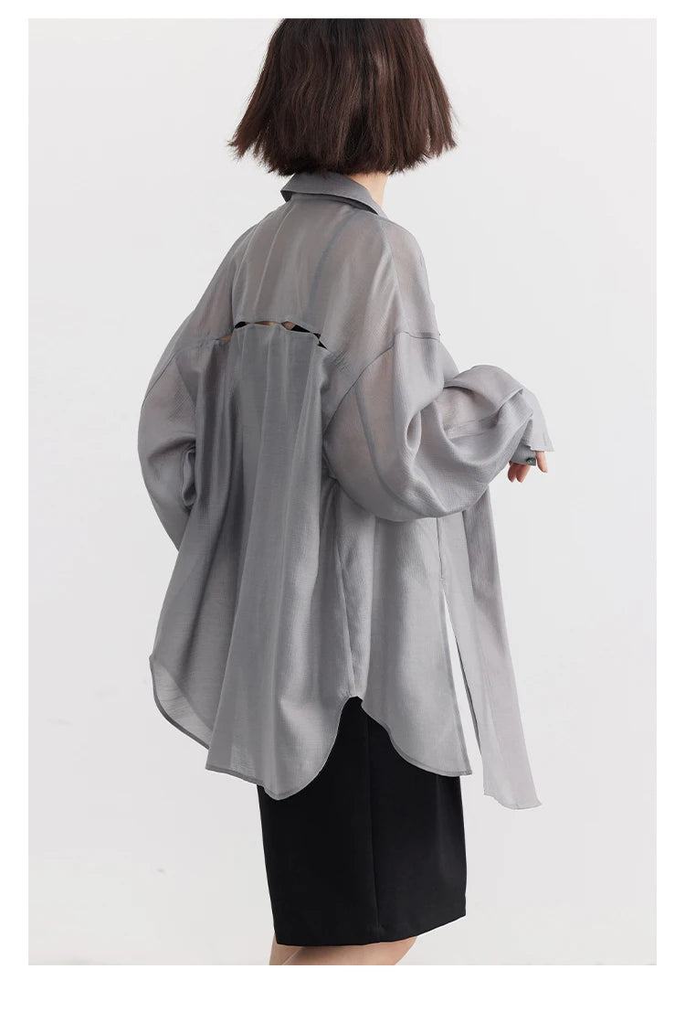 CHIC VEN Women Thin Shirt Long Sleeve Casual Loose Slightly Transparent Cool Blouses Woman Solid Design Female Top Summer 2024