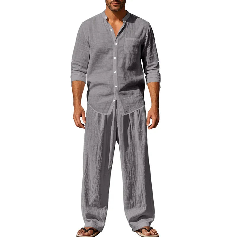 2025 New Spring and Summer Men's Suit Linen Casual Loose Breathable Long Sleeves Shirt Trousers 2Set of Beach Vacation Essential