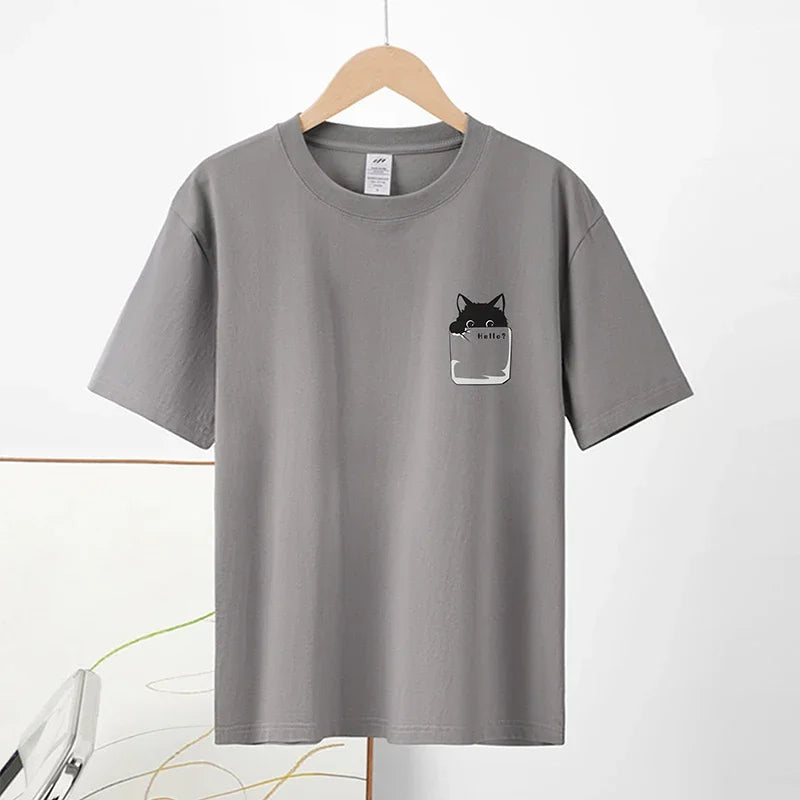 2024 Summer New Pure Cotton Cat Printed Men T-shirts Short Sleeve Casual Solid Color Simple Thin Men Tops BOK0121