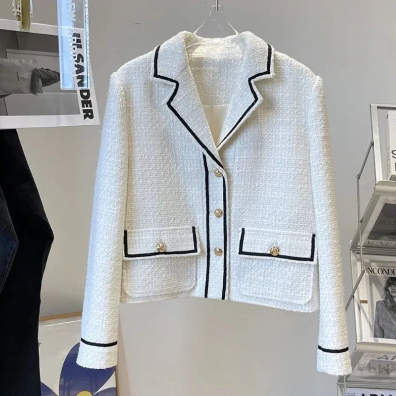 2024 French Light Luxury Celebrity Temperament Black and White Lapel Foreign Tweed Jacket Female Personality Advanced