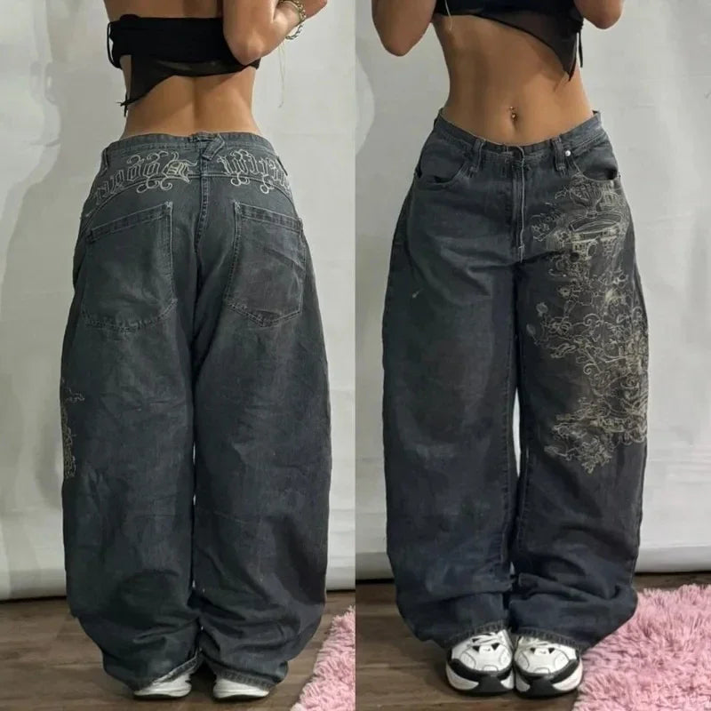 Y2K American New Pattern Embroidery Baggy Jeans Men High Street Vintage Hip Hop Fashion Casual Joker Couple Wide-leg Pants