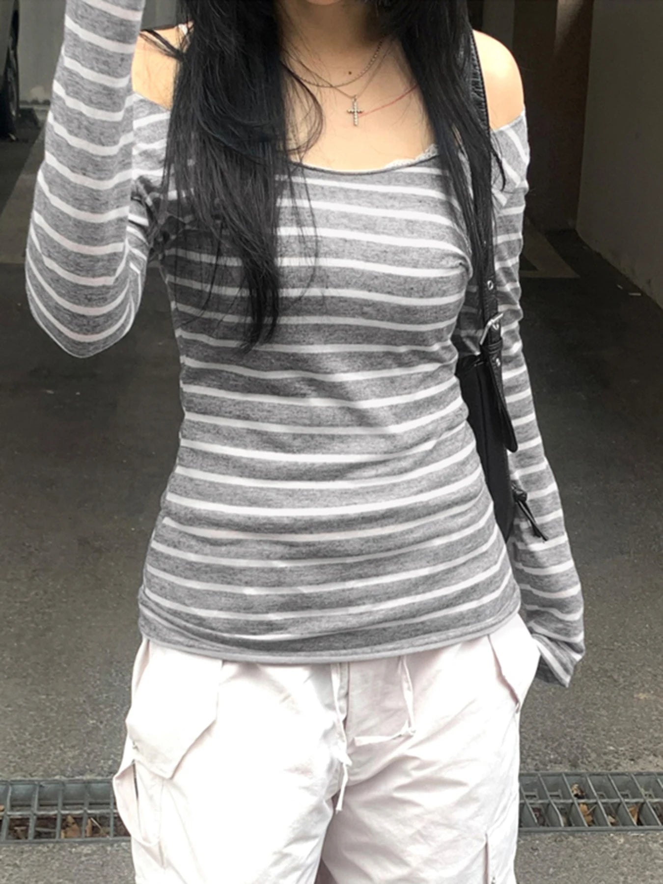 Sweetown Japanese Basic Slim Long Sleeve Stripe Tee Off Shoulder O Neck Korean Street Style Spring Autumn Y2K Gray T Shirt Women