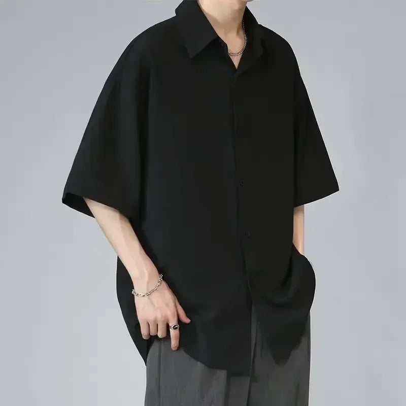 Men's Ice Silk Short Sleeve Shirt Casual Loose Fit Korean Style Trendy Black Shirt For Summer Thin Sleeve Casual