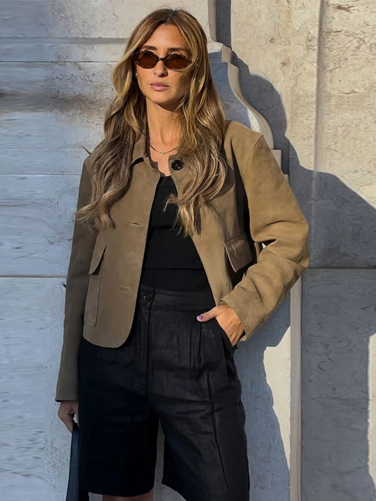 Retro Suede Jackets Women Elegant Single Breasted Lapel Brown Coats Female 2024 Autumn Winter Fashion Soft Pocket Outwears Lady