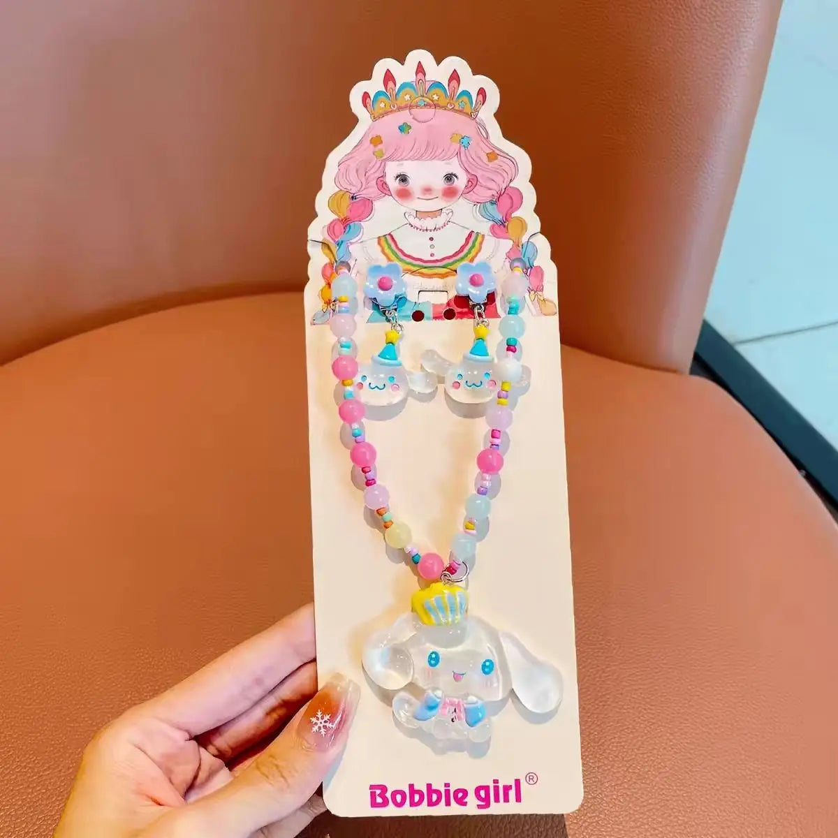 Kawaii Sanrio Beaded Necklace Girls Jewelry Ear Clip Set Kuromi Cinnamoroll Pierced Baby Princess Jewelry Melody Gifts