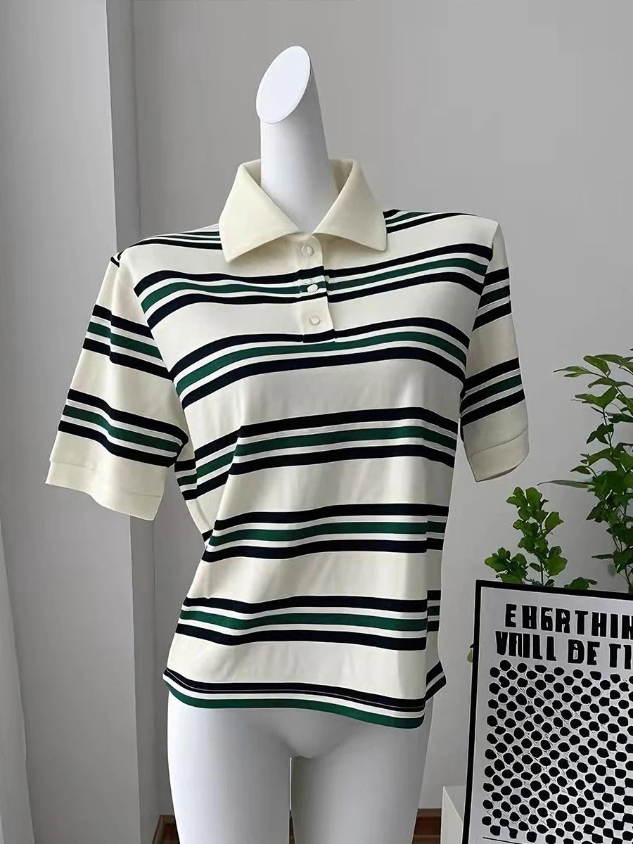 Hirsionsan Polo Neck T Shirt Women Soft Chic Tees 95% Cotton Jumper Clothes Loose Casual Pullover 2025 Summer New Crop Tops