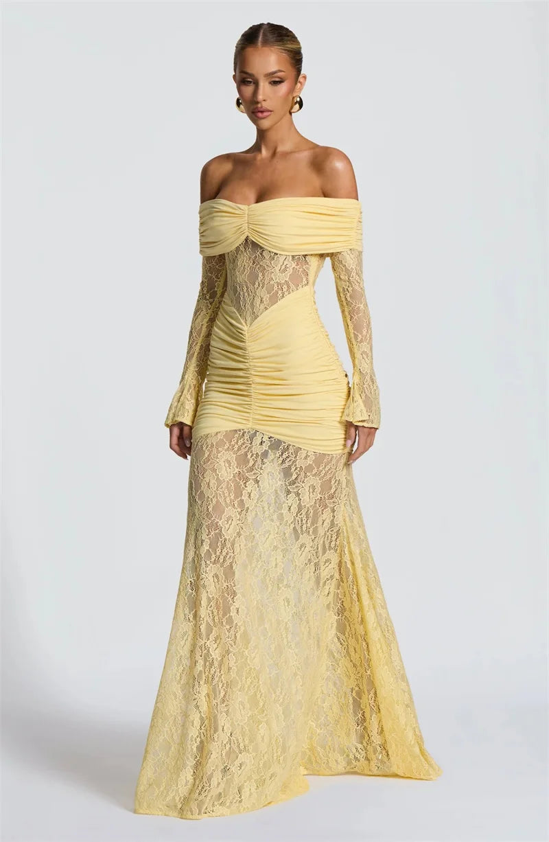 Mozision Off-shoulder Long Sleeve Sexy Maxi Dress Women Fashion Lace See Through Strapless Backless Bodycon Club Party Dresses