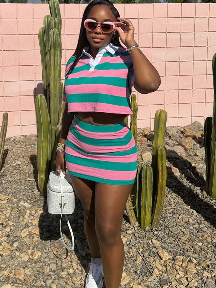 Kricesseen Women's Striped Skirt Set Two-Piece Dress Girls Short Sleeve Shirt Top And Matching Set Sporty Overalls Active Wear