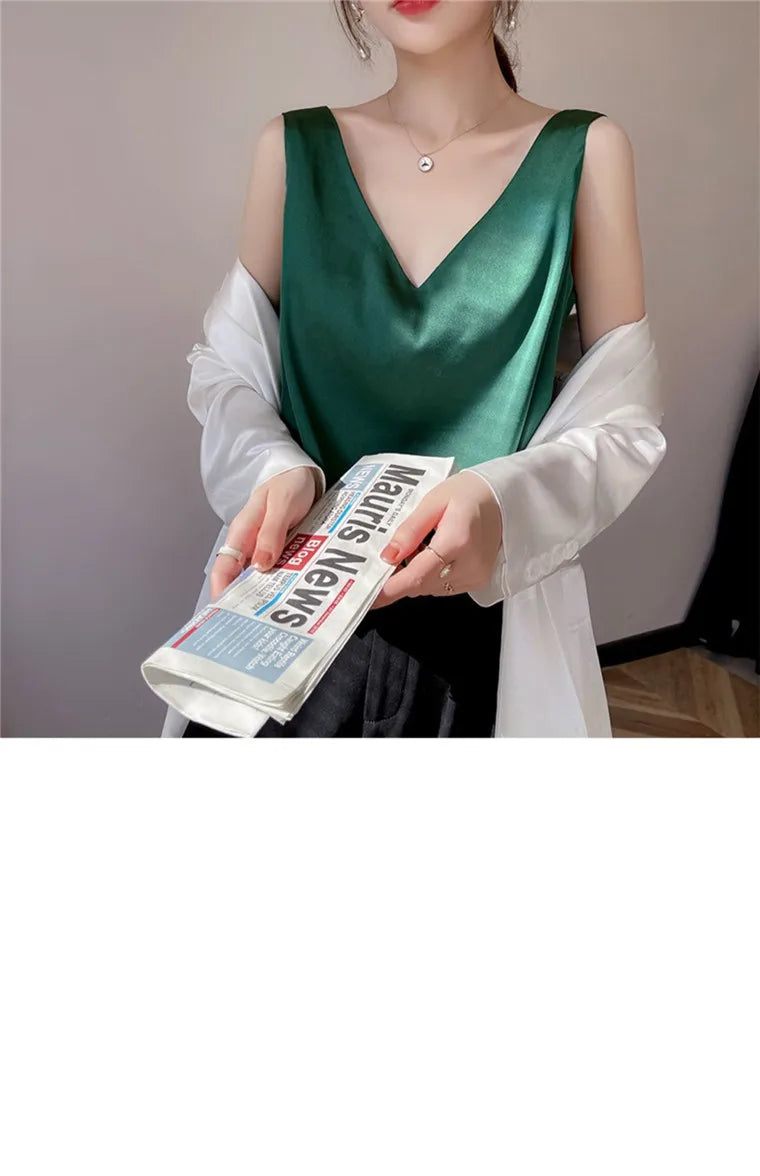 Acetate satin Camisole Women's V-neck Silk Satin vest Top elegant wild Avocado Green white black tank Women Crop Tops