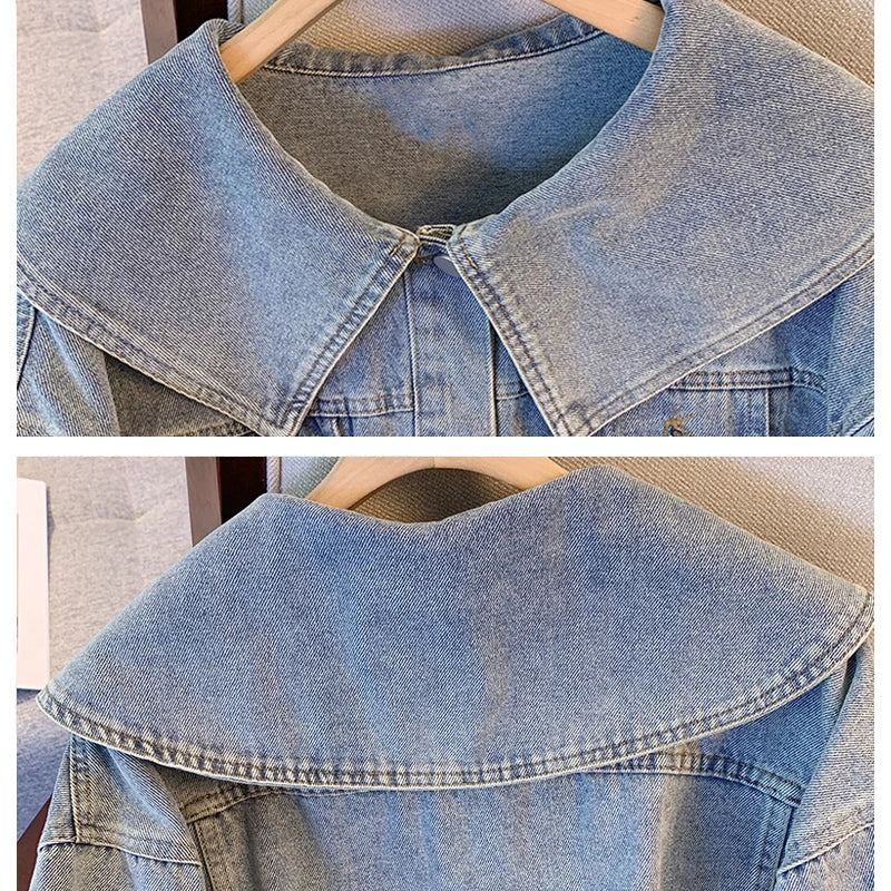 Women Turndown Collar Denim Jacket Casual High Waist Long Sleeved Button Up Short Jacket Fall Vintage Coat Streetwear Outerwear