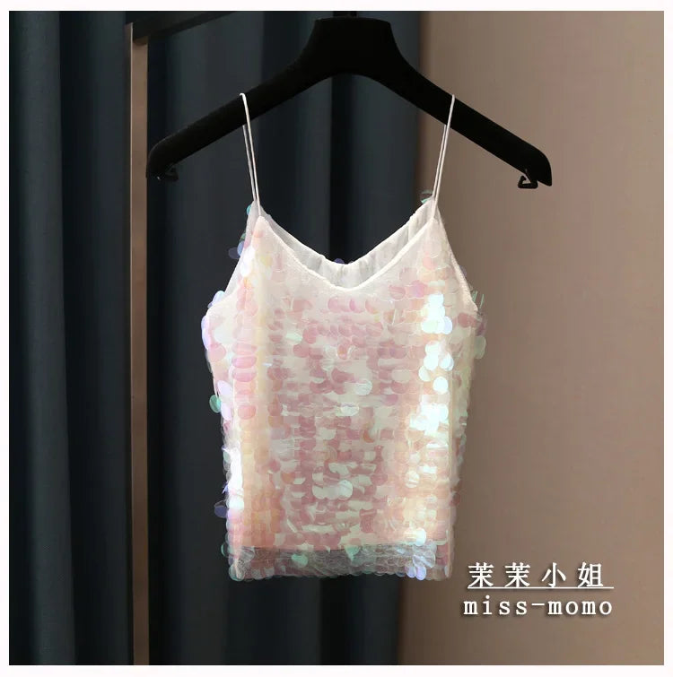 Women Sequins Temperament Sexy Peplum Camisole Top V Neck Strap Camis Club Girls Sequin Sleeveless Short Camisole Vest Tops 2024