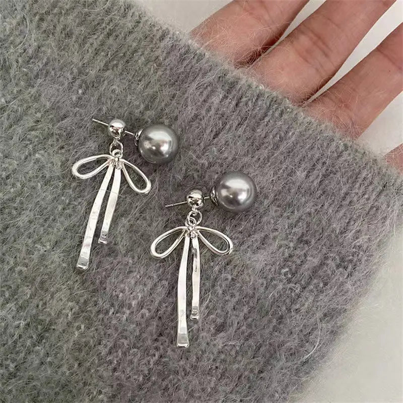 Fashion Grey Imitation Pearl Bow Tie Pendant Necklace for Women Simple Handmade Bow Shaped Earrings Trend Jewelry Set