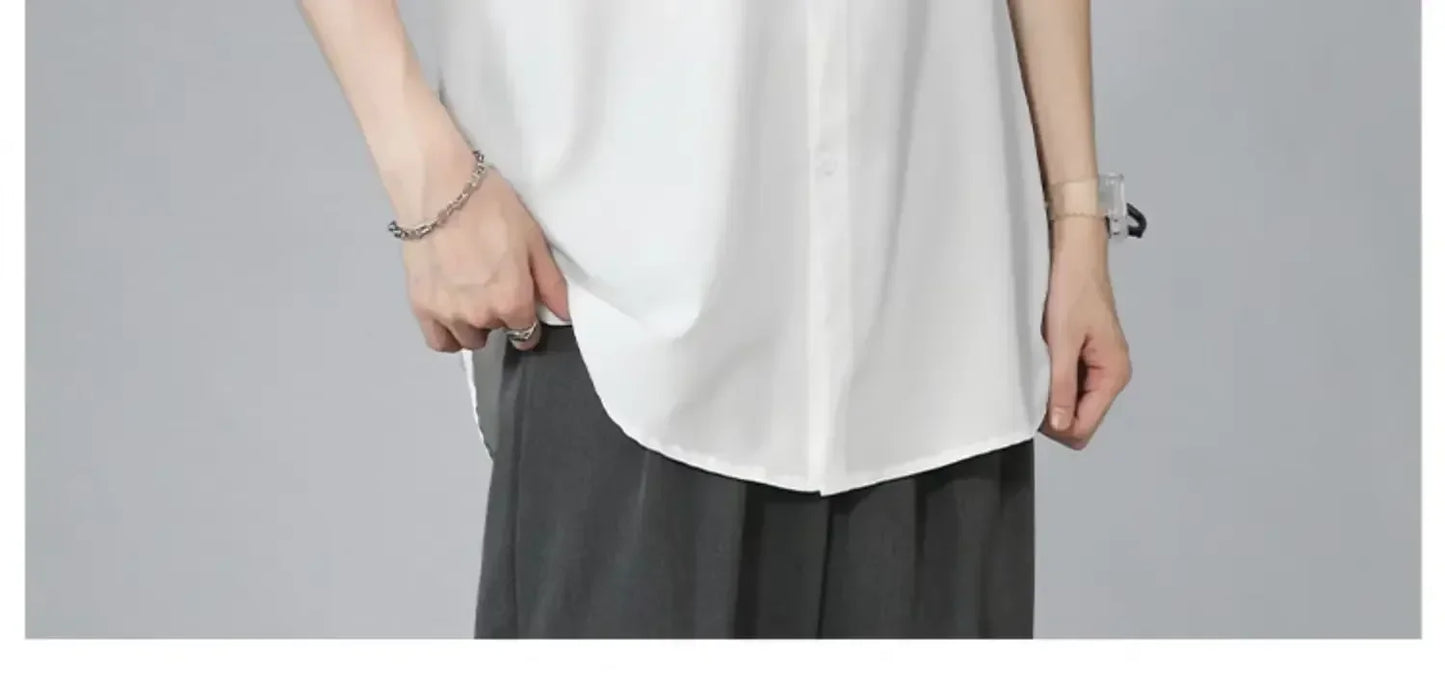 Men's Ice Silk Short Sleeve Shirt Casual Loose Fit Korean Style Trendy Black Shirt For Summer Thin Sleeve Casual