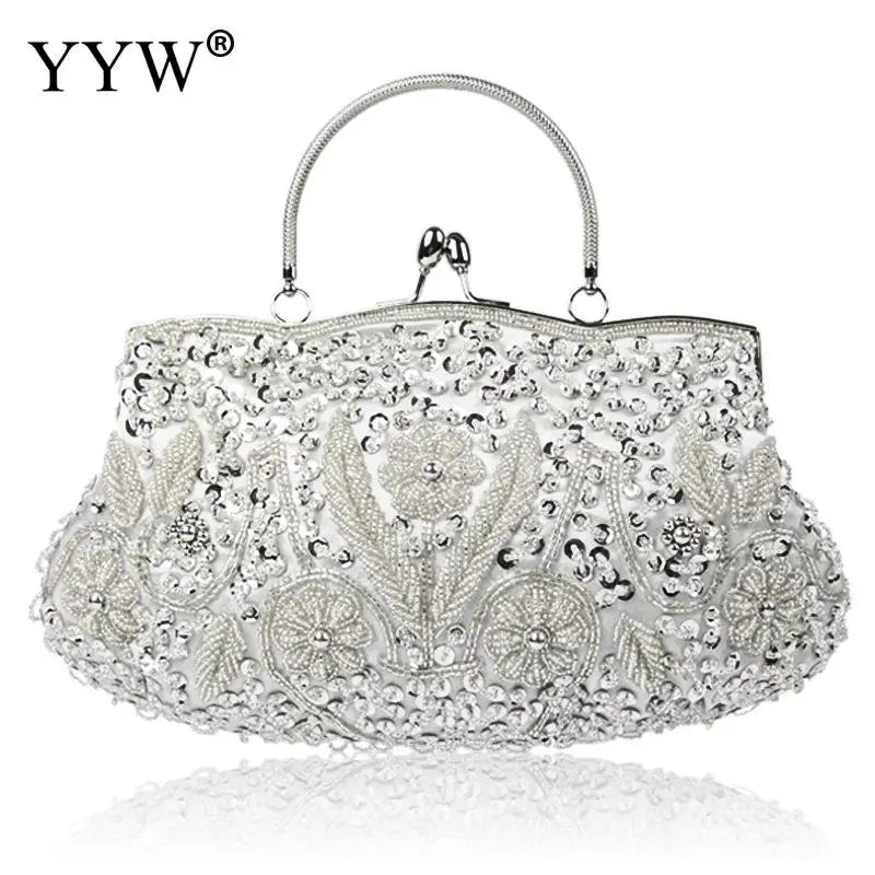Crystal Beaded Evening Party Clutch Handbag Women Floral Printing Soft Tote Bags Metal Top Handle Wedding Brides Messenger Purse