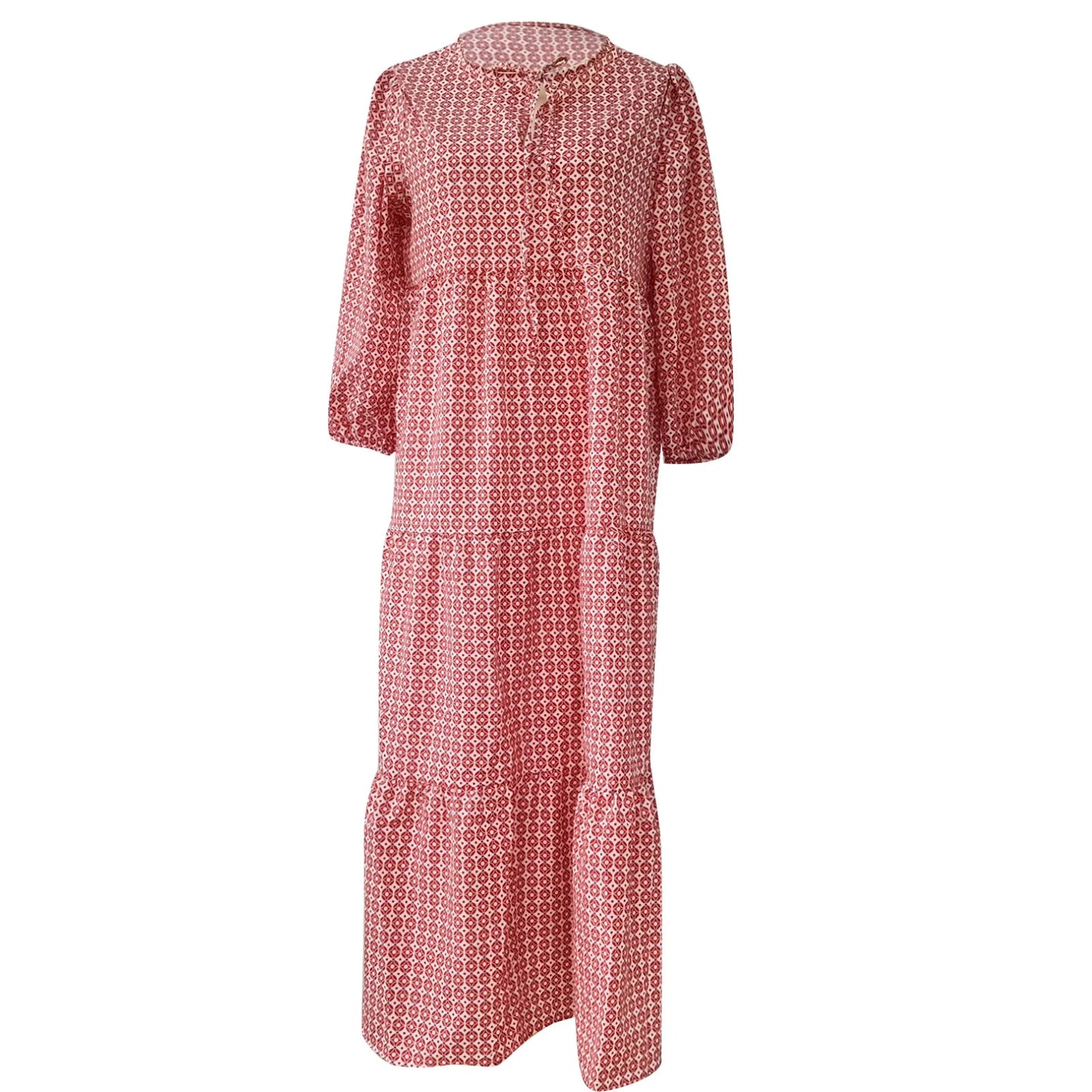 Women's Summer Casual Fashion Geometric Print Neckline Lace-up Bubble Middle-sleeves Ruffle Stitching Big Swing Long Losse Dress