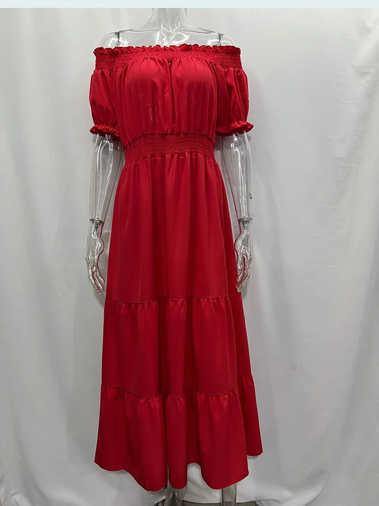 2025 Summer Solid Boho Dress Women Fashion Elegant Beach Party Dress Casual Slash Neck Office Maxi Dresses For Woman Robe Femme