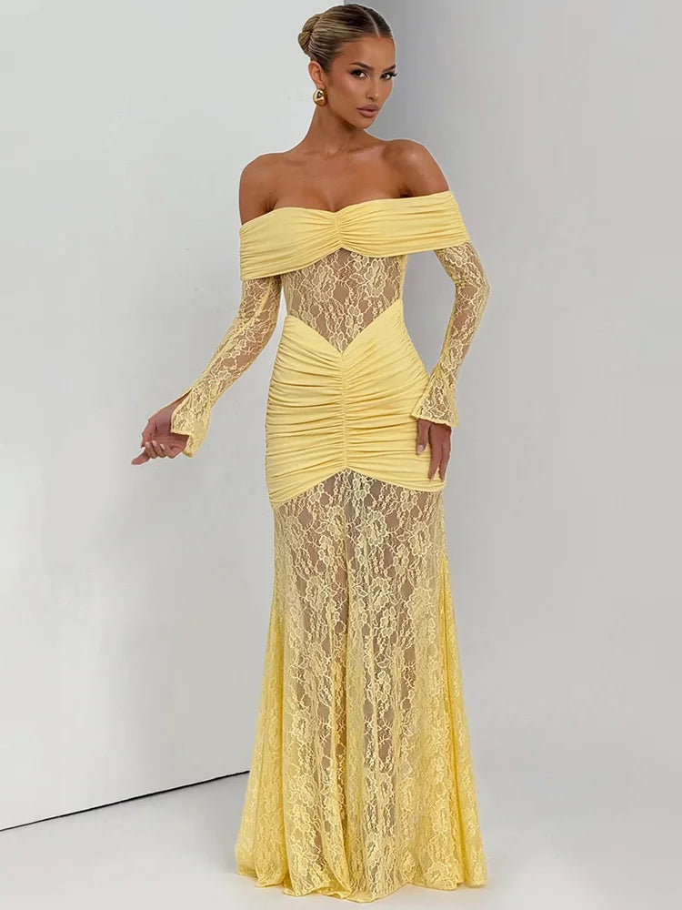 Mozision Off-shoulder Long Sleeve Sexy Maxi Dress Women Fashion Lace See Through Strapless Backless Bodycon Club Party Dresses