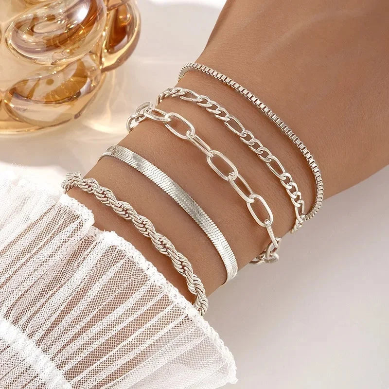 5-piece Bracelet Set, Women's Alloy Round Bead Heart Chain, Minimalist Box Chain Bracelet