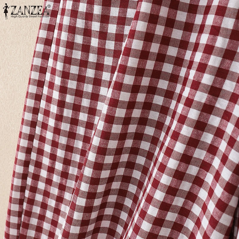 ZANZEA 2025 チェック柄パンツ レディース ファッション ランタンパンツ カジュアル ルーズ ロングパンツ 夏 ポケット 伸縮性ウエスト ボトムス オーバーサイズ