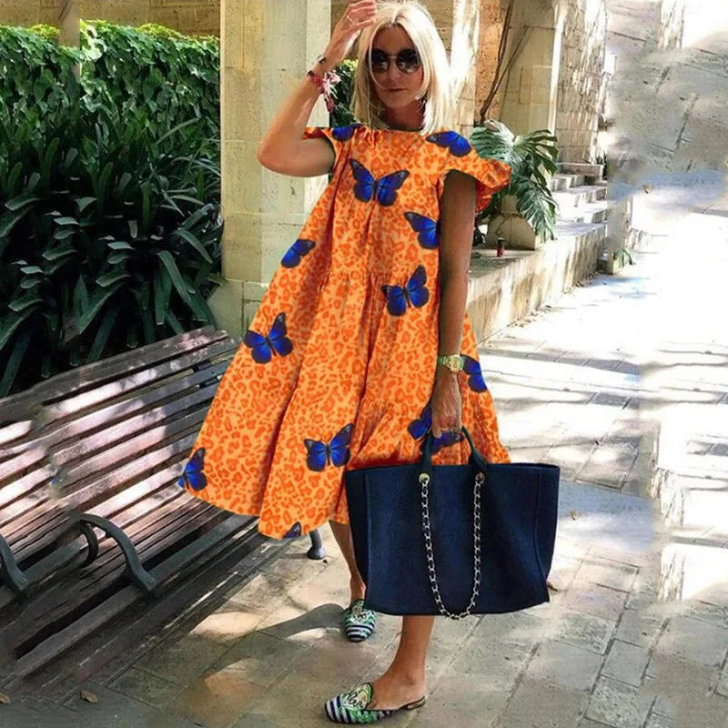 Summer Fashion Boho Print Dress Lady Casual O-Neck Pullover Ruffles Short Sleeve Loose Dresses For Women Holiday Beach Dress New