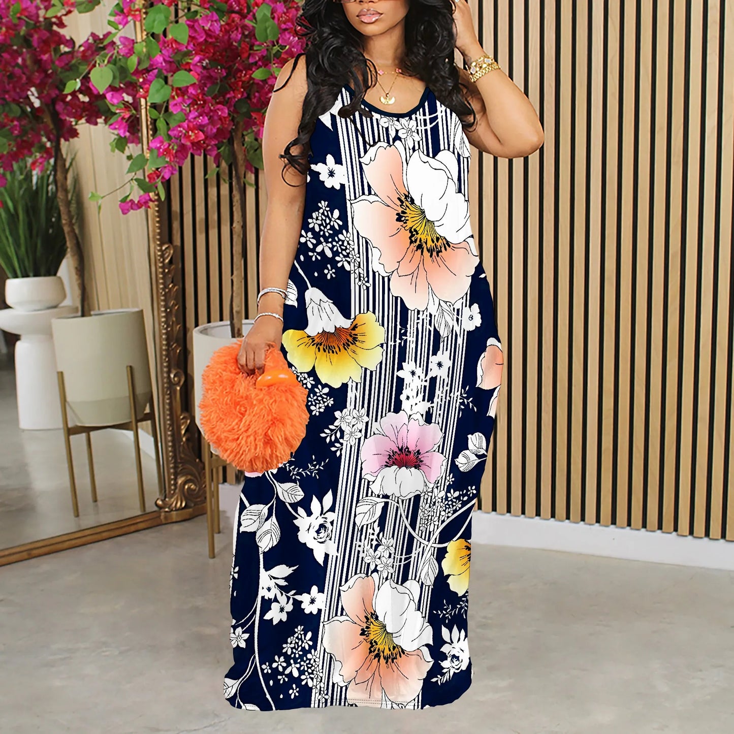 Nupusa Floral & Stripe Print Dress for Women Summer Casual Sleeveless Maxi Dress