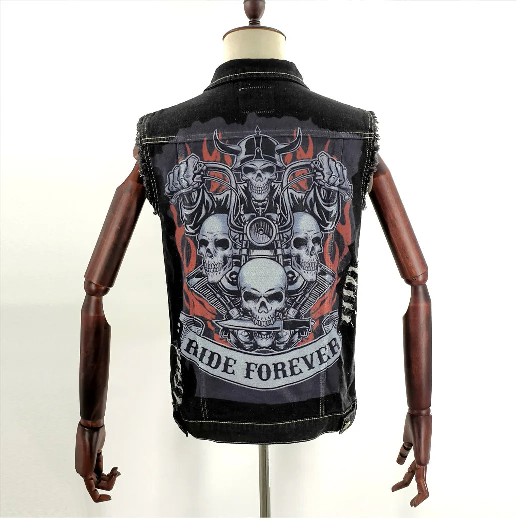 2024 new men's denim jacket retro fashion motorcycle sleeveless denim jacket high street handsome motorcycle vest men's clothing