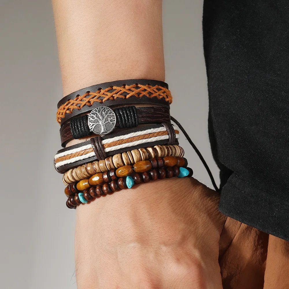 Red 6 Pc/set Tree Black Wrap Woven Handmade Wood Beads Bracelets Male Women Leather Bracelets Men Bangle Wholesale Jewelry Gift