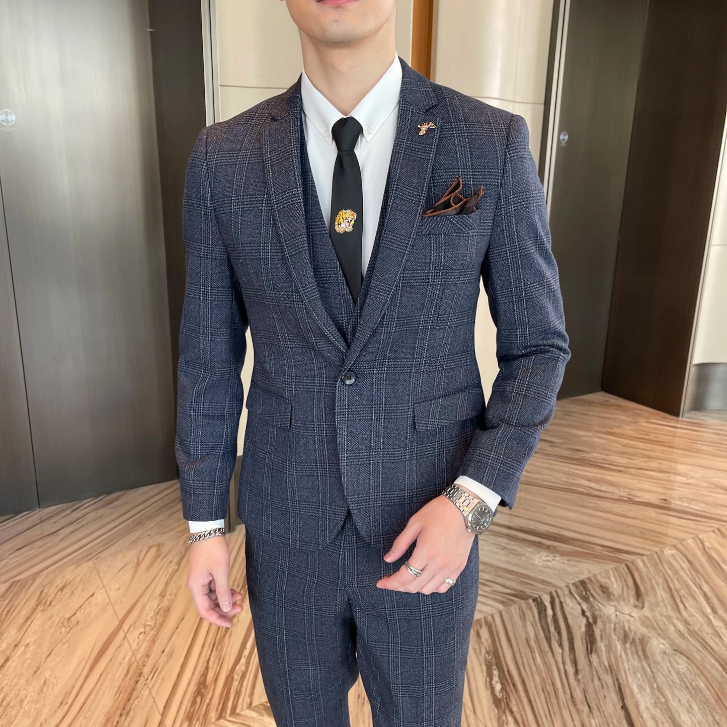 British Korean Style High Quality Modified Plaid Three-Piece Suit for Men - Stylish Business Casual Suit Vest And Trousers Set