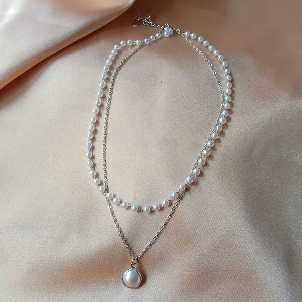 Pearl Dainty Adjustable Double Layer Chain Pendant Necklaces Gold Plated Pearl Tiny Chain Delicate Mother's Valentine Jewelry