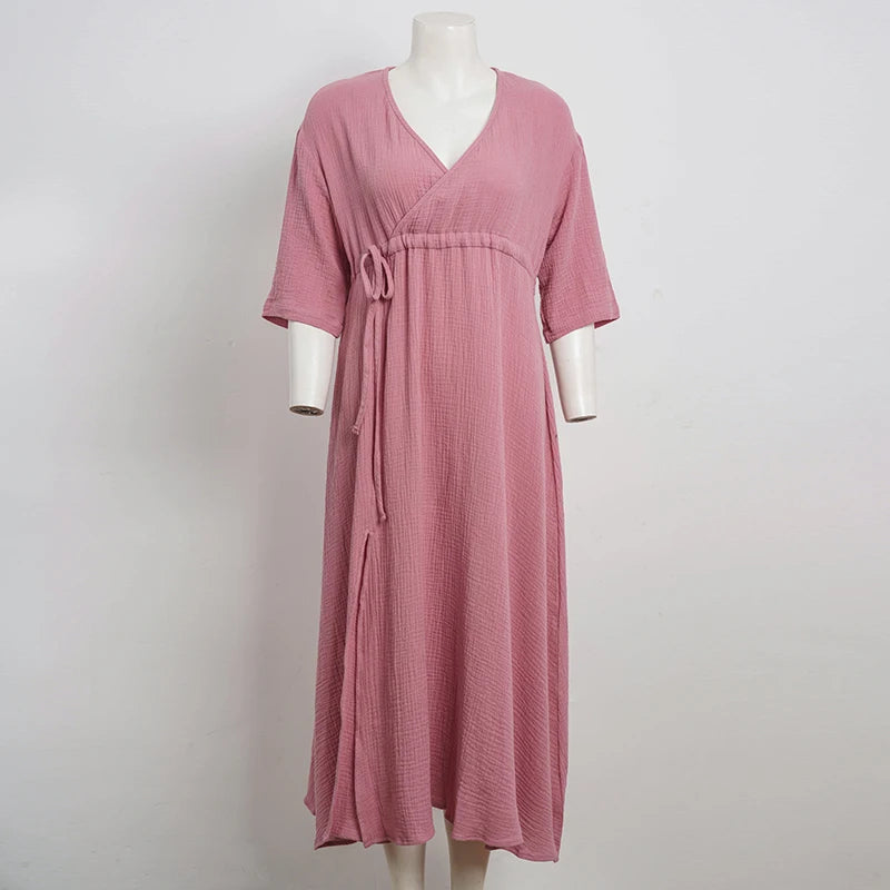 Elegant Party Dresses Women 100% Cotton Muslin Gauze Holiday Beach Casual Corset Waistband Ladies Robe Loose Soild Sundress