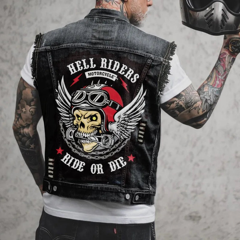 2024 new men's denim jacket retro fashion motorcycle sleeveless denim jacket high street handsome motorcycle vest men's clothing