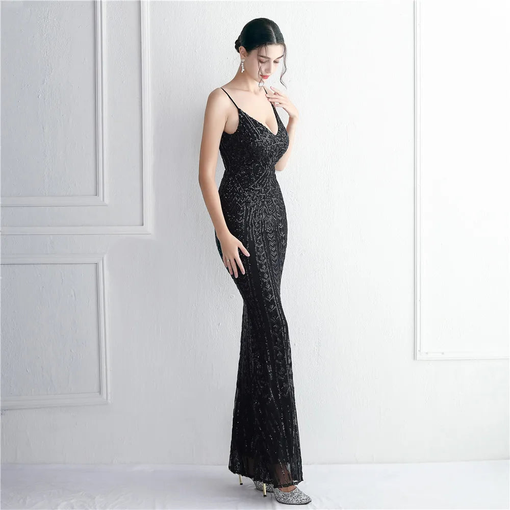 Women's Black Long Sleeve Padded Strap Sequin Dress Length, Sparkles Stretch, V Neck Mermaid, Formal Evening Dress, Night Party