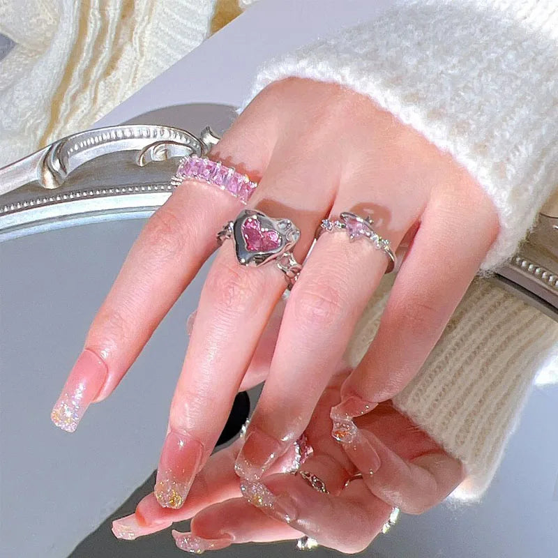 Adjustable Crystal Rings Y2K Pink Irregular Geometry Vintage Bowknot Heart Ring Set for Women Girl 2023 New Fashion Jewelry Gift