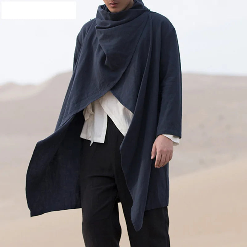 Men's Cotton Linen Cloak Long Irregular Cape Autumn New Long Sleeve Coat
