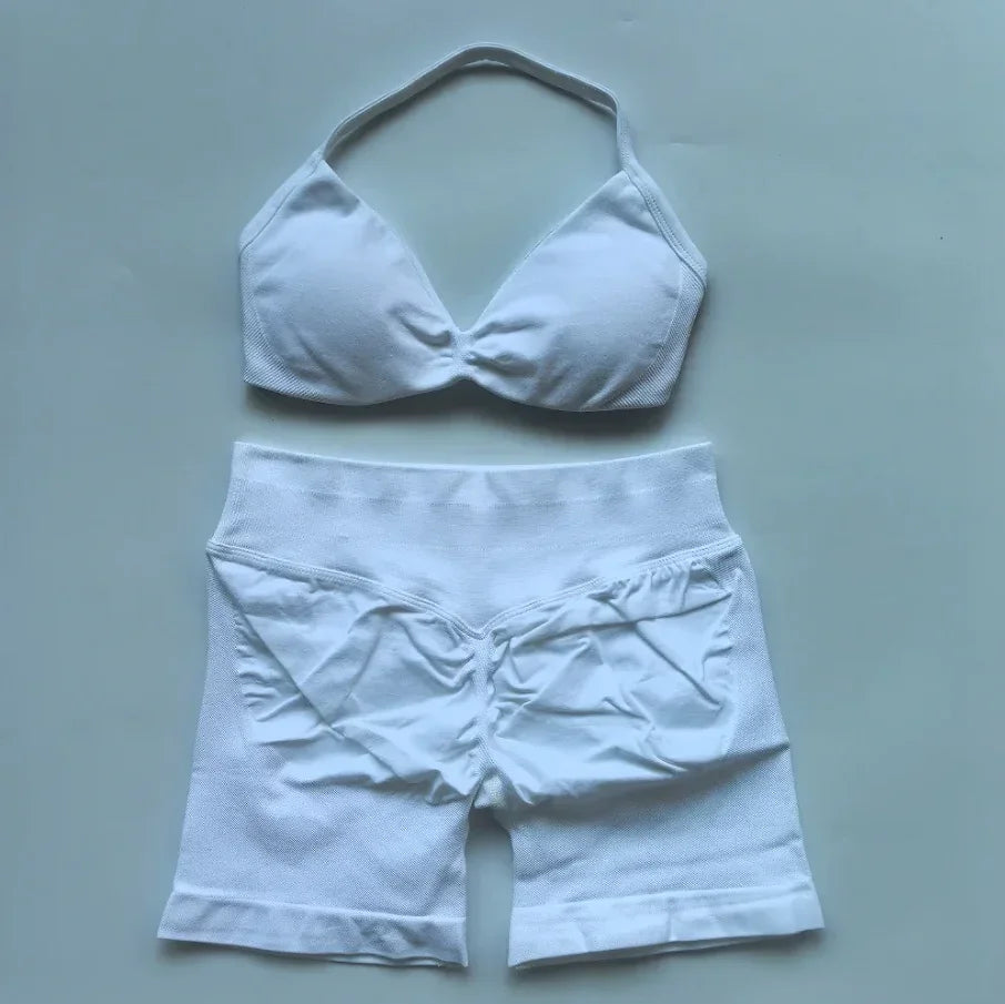 Gym Set Women Two Piece Strappy Yoga Bra Top Workout Scrunch Shorts Suit Fitness Clothes Seamless Sportswear Workout Set