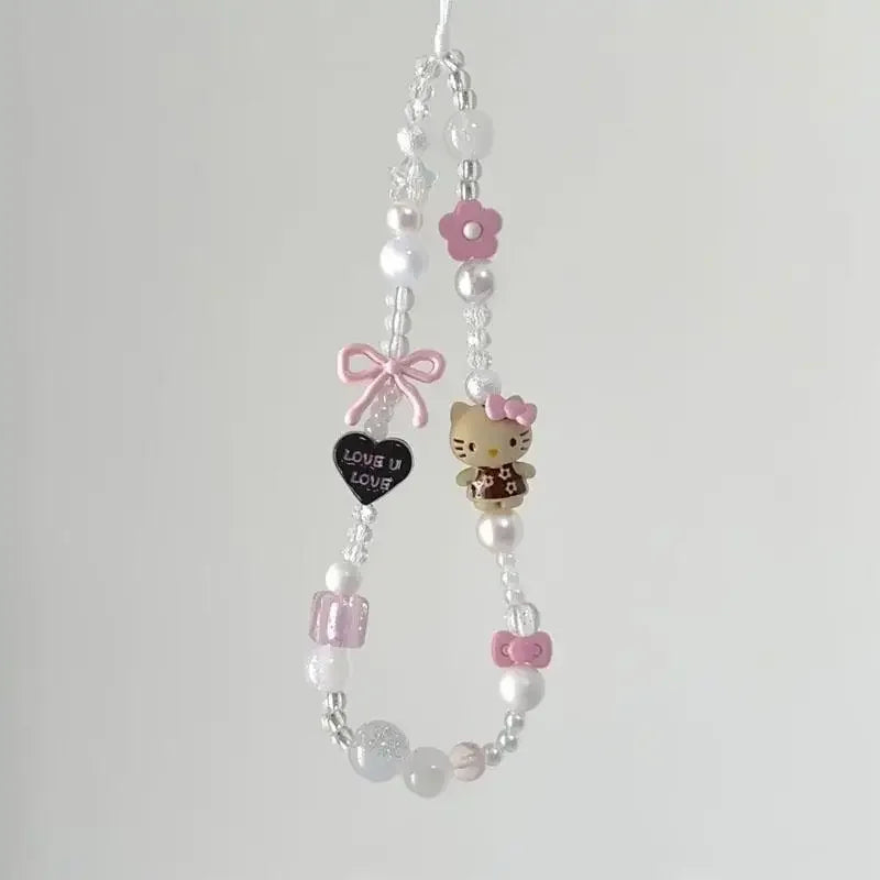New Anime Cartoon Sanrio Hello Kitty Beaded Phone Chain Cute Girl Ccd Camera Backpack Pendant Decoration Friends Birthday Gift
