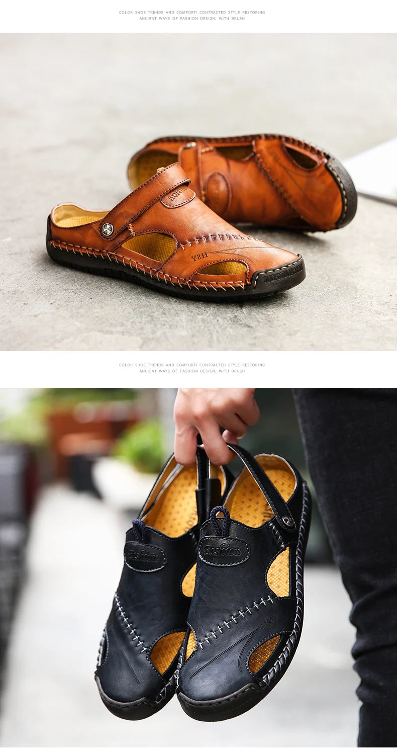 Sandals Man Summer 2023 Leather Slides Breathable Rome Male Outdoor Beach Platform Slippers Soft Hot Sale Men Flat Sandals
