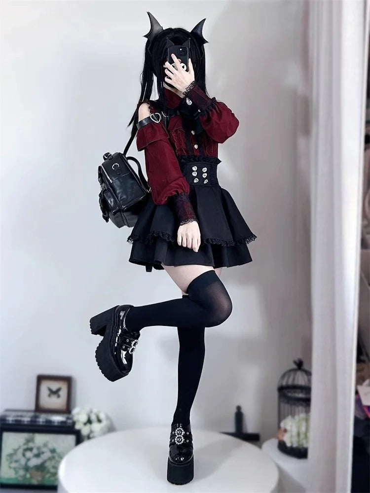 Kawaii Off Shoulder Long Sleeve Shirts Women Black Short Skirt Set Y2K Gothic Ruffle Skirts Lace Lolita Shirt Gown Suit 