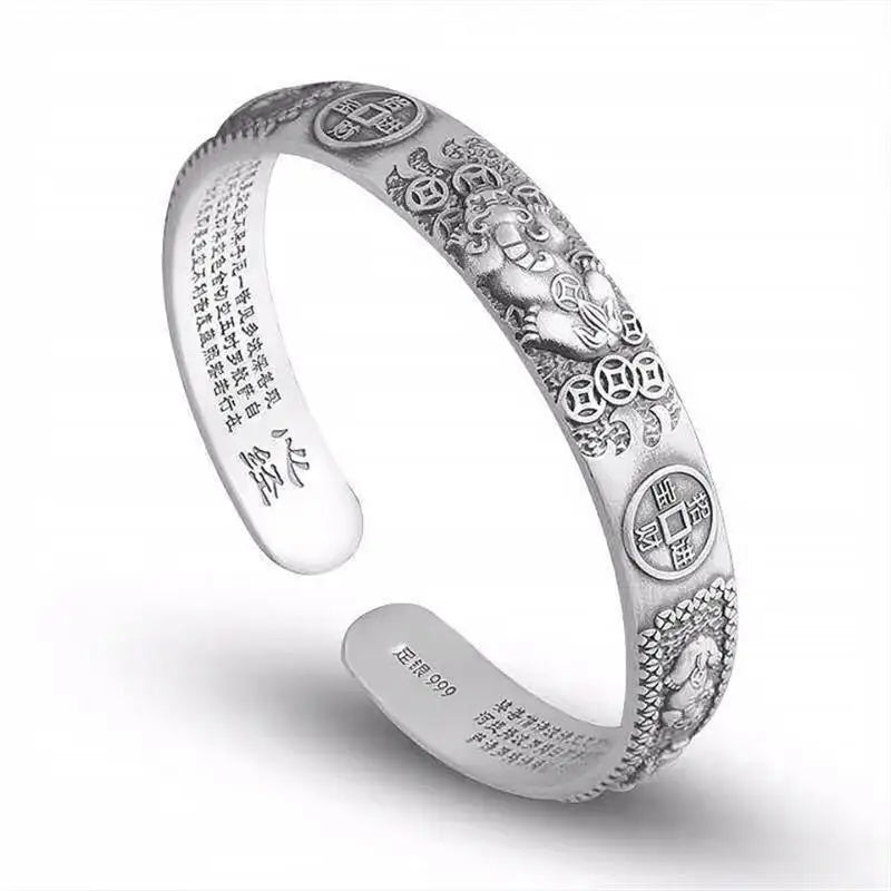 Thai Silver Tune-bringing Pixiu Copper Coin Men Bracelet Domineering Men Personality Heart Sutra Hand Ring Birthday Gift Jewelry