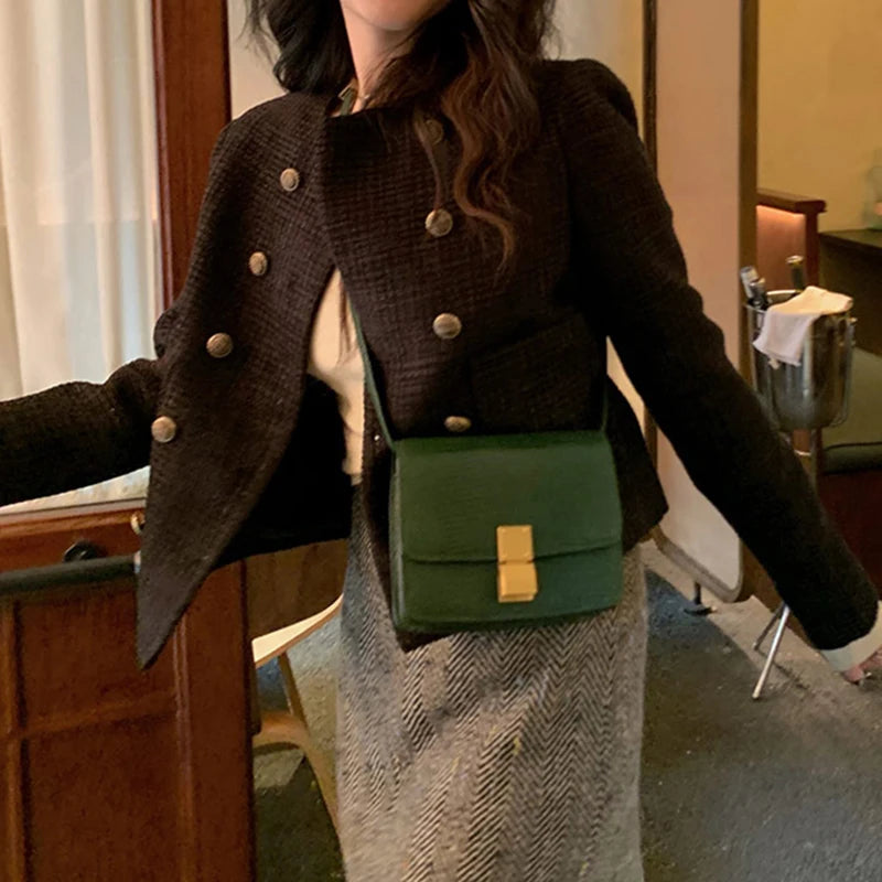 HELIAR Office Lady Elegant Tweed Jackets Korean Fashion Simple Coat Women Casual O Neck Pockets All Match Autumn Winter Outwear