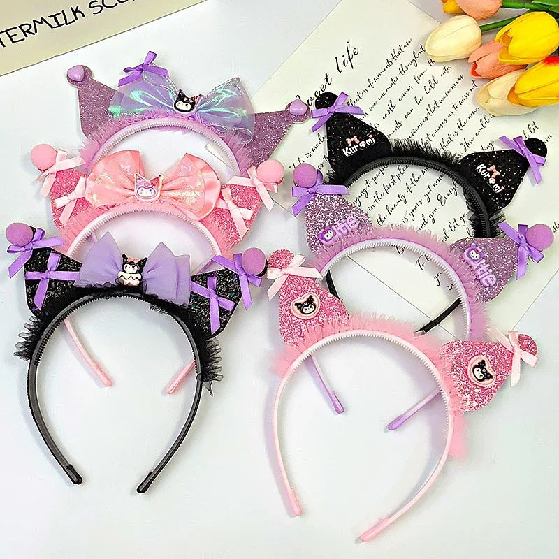 Kawaii Sanrio Kuromi Children Headband Hello Kitty Melody Cinnamoroll Cartoon Bow Shiny Hairband Hair Accessories Christmas Gift