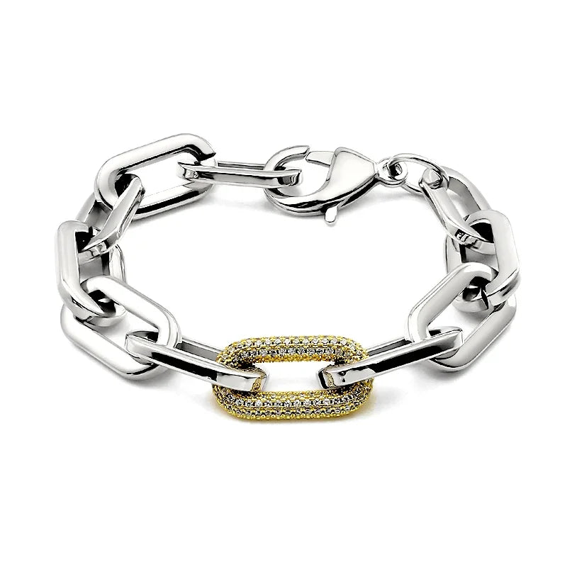 Fashion Women Big Chunky Bracelets Chains with Blink Rhinestones Link Gold Silver Color Surgical Stainless Steel Bracelets