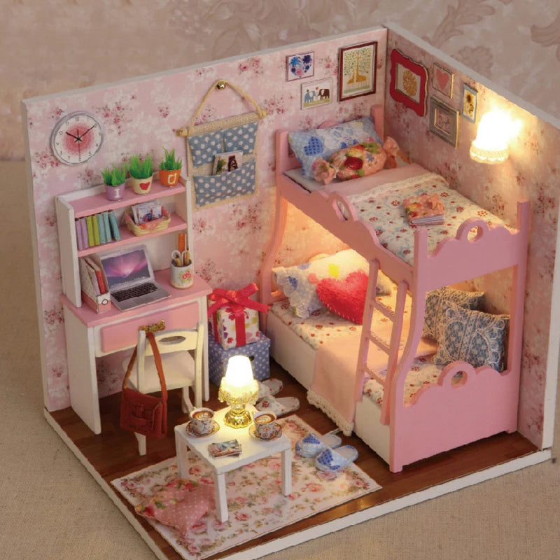 子猫ミニドールハウスモデルビルディング組み立てハウスホームキットクリエイティブルームベッドルーム装飾家具付き誕生日ギフト