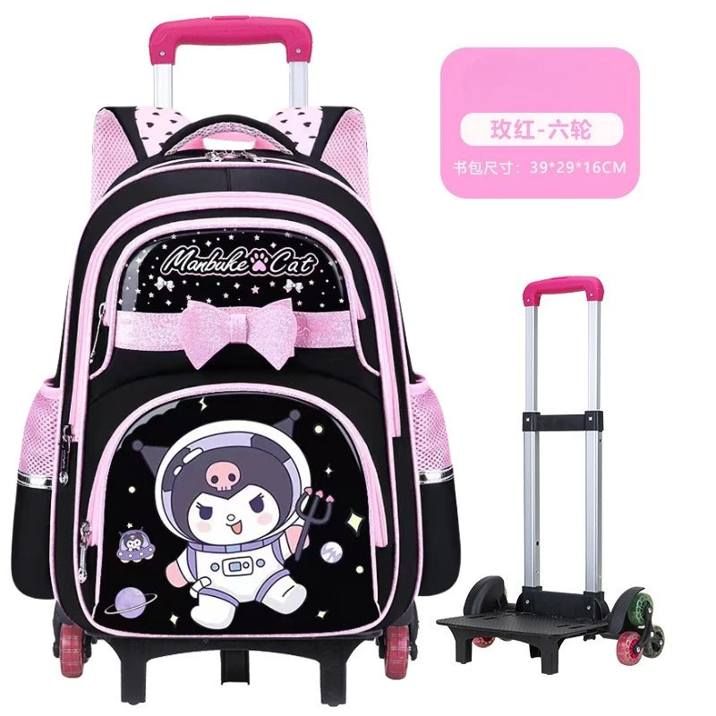 New Kuromi Trolley School Bag Melody Girls Trolley Bag Stationery Storage 2 Wheels/6 Wheels Telescopic Folding Climbing Floors