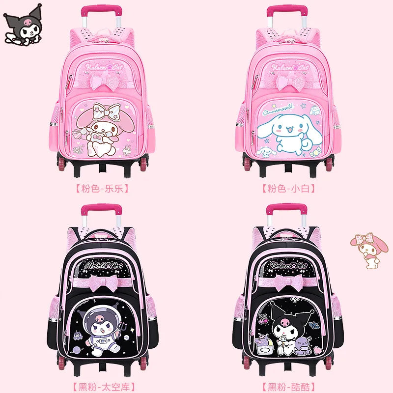 New Kuromi Trolley School Bag Melody Girls Trolley Bag Stationery Storage 2 Wheels/6 Wheels Telescopic Folding Climbing Floors